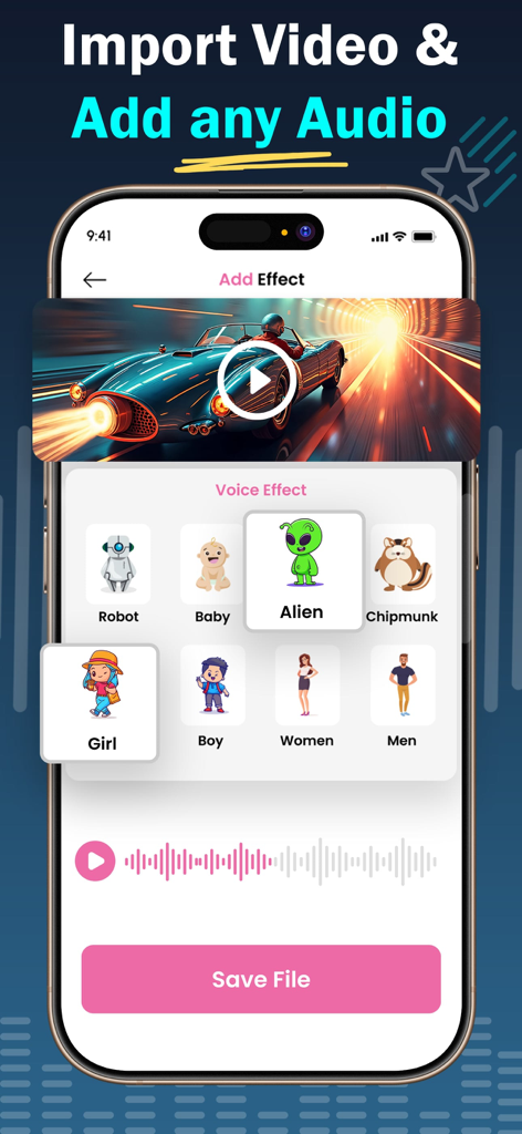 Voice Changer * Sound Effects - Oberfläche der Voice Changer App, die Optionen zum Hinzufügen von Spracheffekten zu einem Video anzeigt