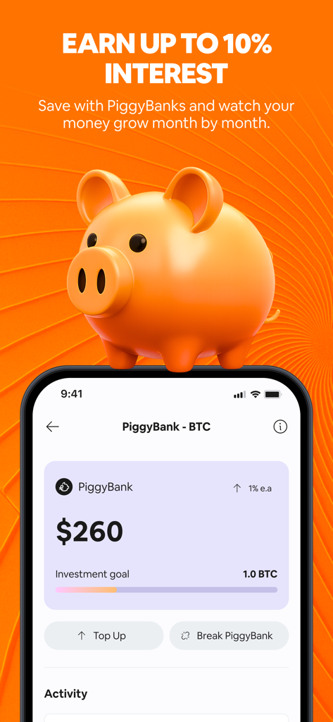 Kontigo Global - Interface de l'application Kontigo Global montrant une fonctionnalité PiggyBank pour gagner des intérêts sur l'épargne en Bitcoin