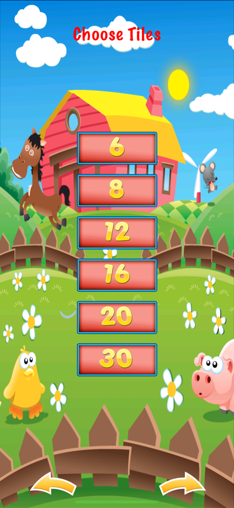 Farm Match for Kids & Toddlers - Difficulty selection screen for Farm Match game featuring six levels and cartoon farm animals