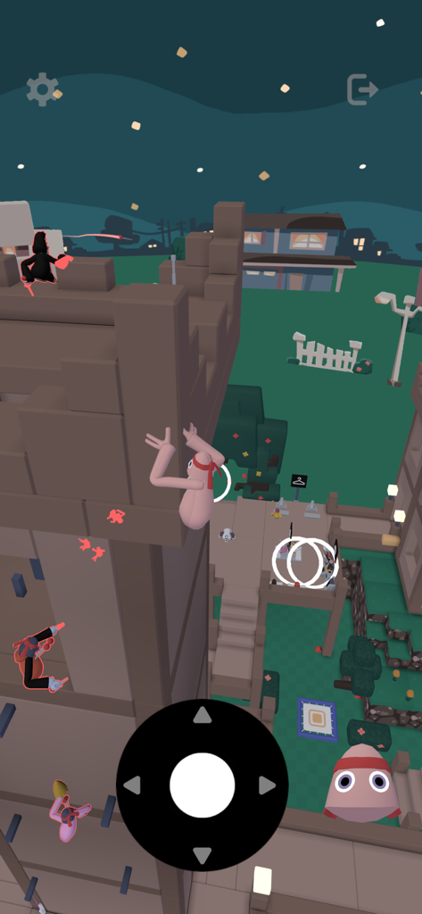 Yeeps Companion - A Yeep character climbing a block fort at night in the Yeeps Companion mobile app spectator view