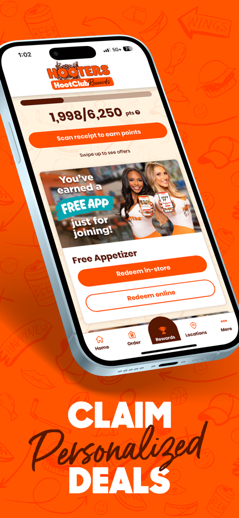 Hooters - Ordering and Rewards - Hooters mobile app rewards screen showing loyalty points and a free appetizer offer