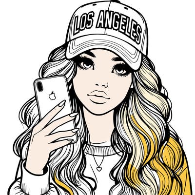 realistic beautiful girl wearing los ángeles cap holding an iphone