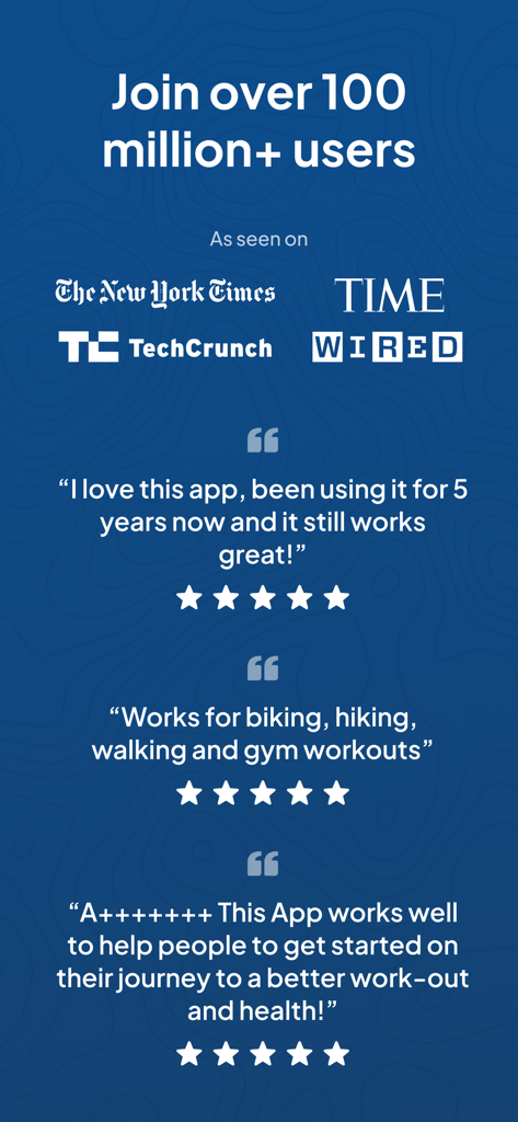 Map My Fitness app screen showing user reviews and media endorsements from The New York Times and Time magazine