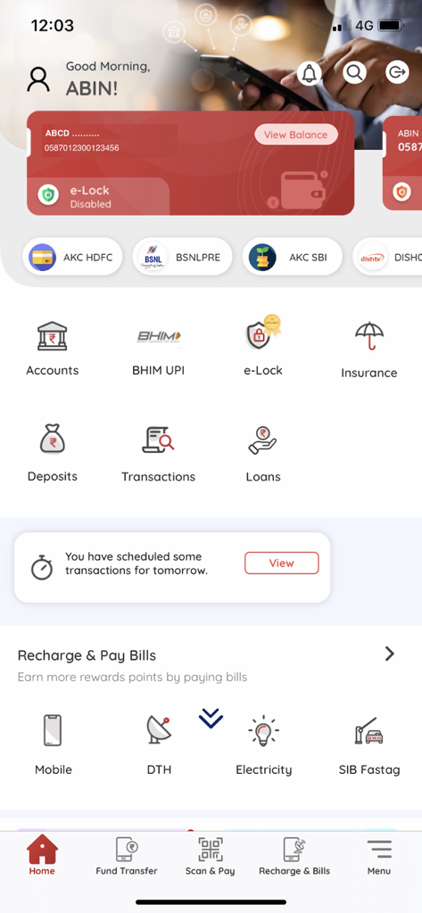 SIB Mirror+ : Mobile Banking - SIB Mirror plus mobile banking app dashboard with account overview and bill payment features