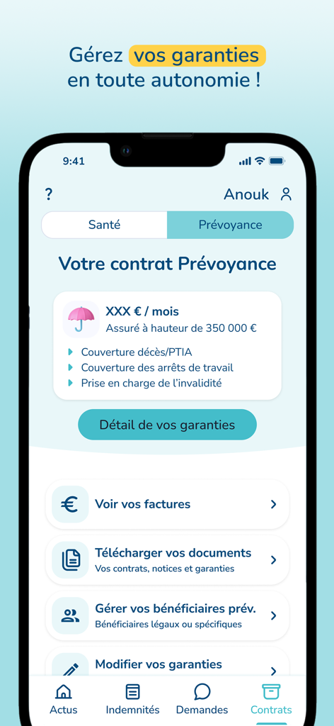 Affichage sur smartphone du tableau de bord de l'application Welfaire pour gérer les contrats d'assurance et télécharger des documents.