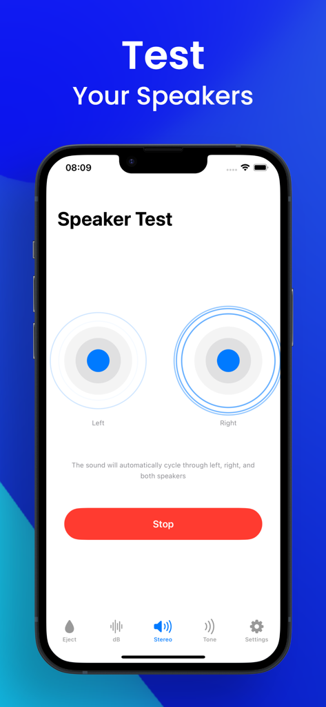Clear Wave - Sonic Water Eject - Clear Wave app speaker test screen showing left and right audio testing icons