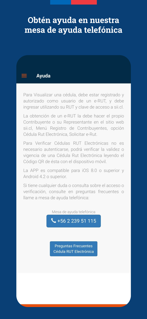 Der Hilfe- und Support-Bildschirm der e-RUT-App mit einer Telefonnummer für den Support und einer FAQ-Schaltfläche