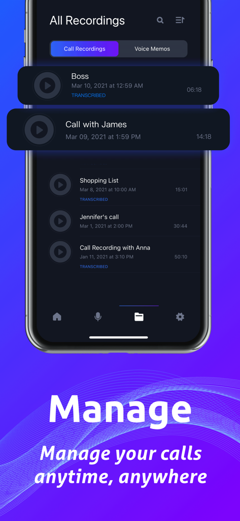Easy Call Recorder:Phone Rev - Interface of the Easy Call Recorder app showing a list of recorded calls and voice memos with transcription status.