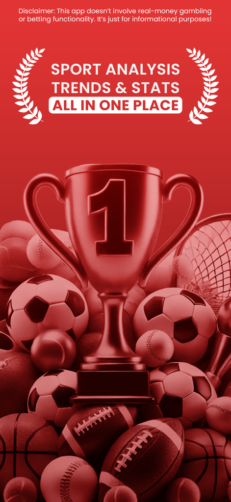 Introductory screen for David Smart Sports Predictions app featuring a number one trophy and various sports balls on a red background