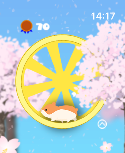 Infinite ∞ Hamster - Cute hamster running in a yellow exercise wheel with pink cherry blossoms in the background.