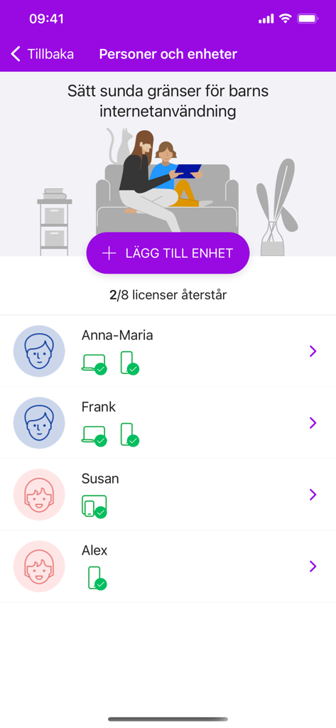 Telia Trygg - Telia Trygg app interface showing a list of family members and their protected devices for parental control.
