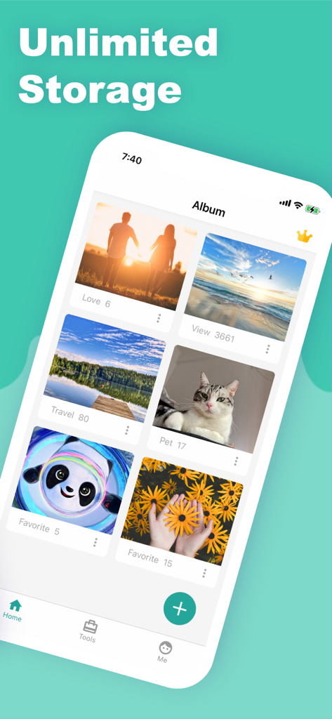 PhotoVault: Private Album - PhotoVault app interface showing a grid of organized private photo albums with unlimited storage