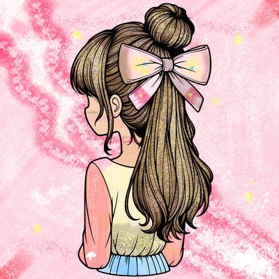 realistic girl  with hip length hair a bun and a big bow on the back of head