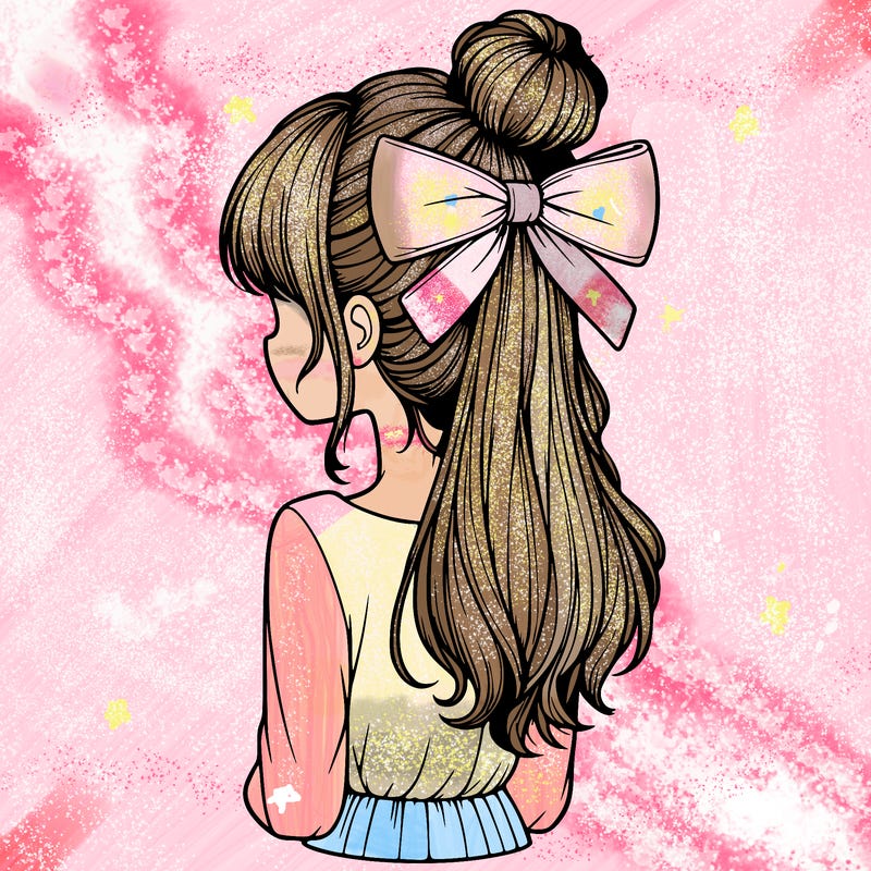 realistic girl  with hip length hair a bun and a big bow on the back of head