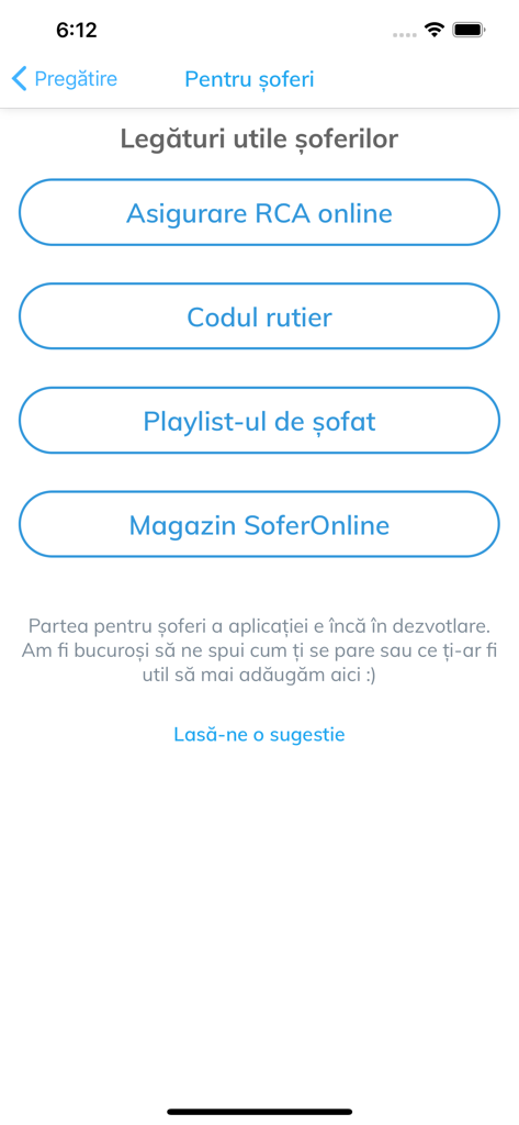 Screen from SoferOnline app displaying useful links for drivers such as online insurance and the traffic code