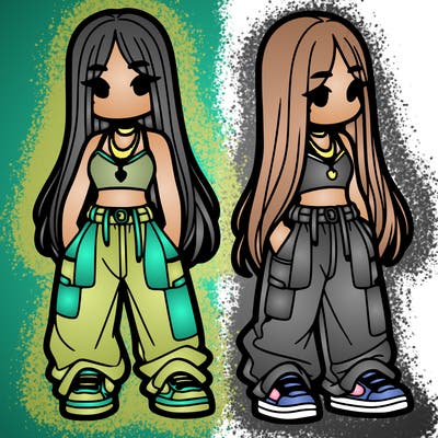 girl in baggy pants crop top and long hair