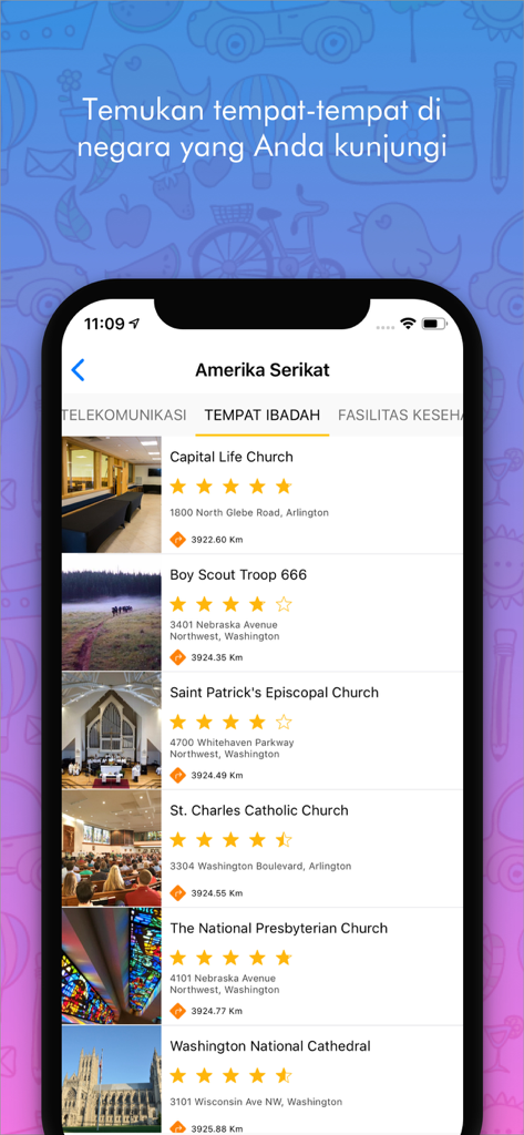 Safe Travel - Interfaz de la aplicación Safe Travel que muestra una lista de sitios religiosos y lugares de culto en los Estados Unidos para viajeros indonesios.