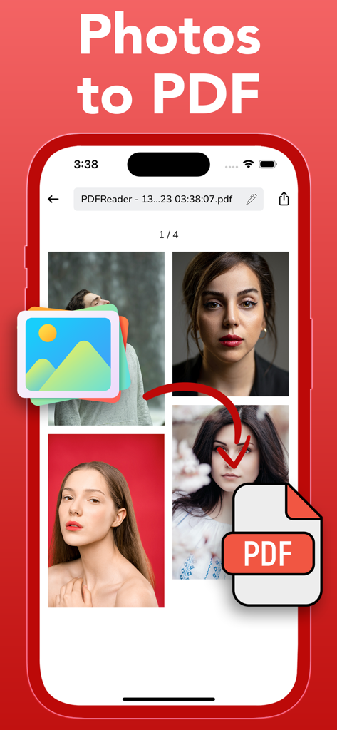 PDF Reader PDF Viewer - 複数のギャラリー写真を単一のPDFドキュメントに変換する機能を示すモバイルインターフェイス。