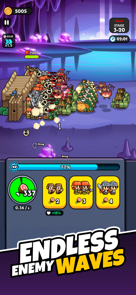 Tiny Warriors Rush - Idle TD - Tiny Warriors Rush gameplay showing a castle defense battle against waves of skeletons and monsters