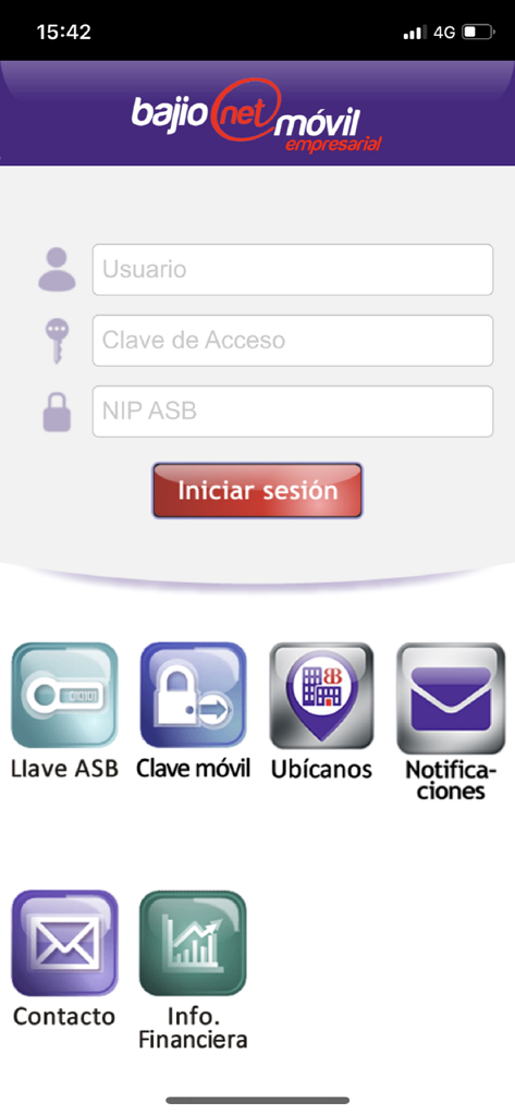 Pantalla de inicio de sesión de la app Bajionet Movil Empresarial con campos para nombre de usuario, clave de acceso y NIP