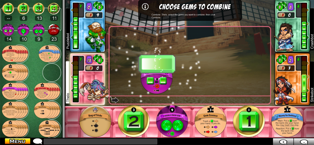 Puzzle Strike - A multiplayer gameplay screen of Puzzle Strike showing gem piles character portraits and strategic action chips