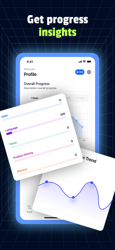 IQ Booster: Brain Games & Test - IQ Booster app interface showing cognitive performance metrics like focus and memory with score trend graphs.