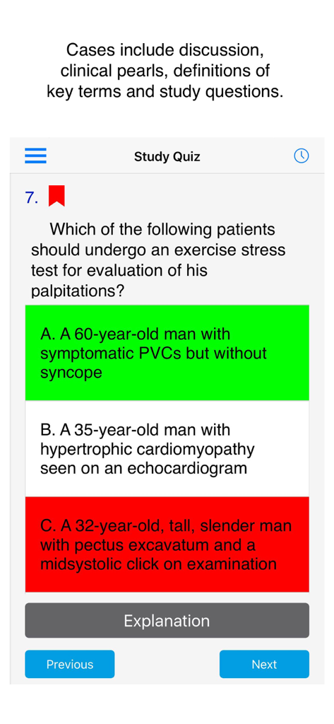 Case Files Family Medicine app study quiz interface showing a multiple choice medical question