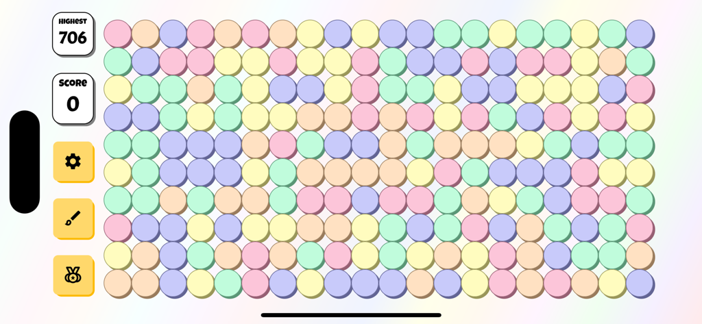 ABCDE Game - Gameplay screen of ABCDE Game showing a grid of colorful pastel circles and a score dashboard