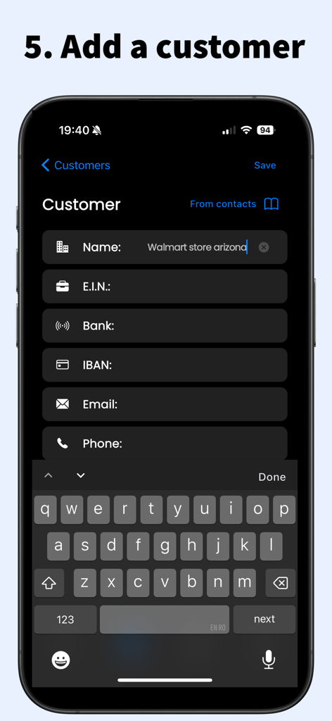 建設請求書作成のために、顧客の連絡先およびビジネス詳細を追加するためのモバイルアプリインターフェース
