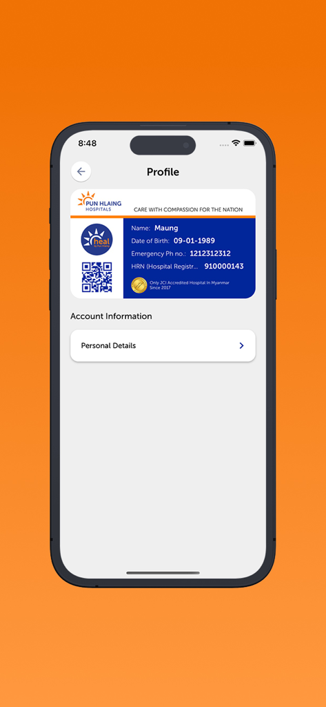 heal by Pun Hlaing - Pun Hlaingのhealアプリのデジタル医療IDカードと患者プロフィールのセクション。