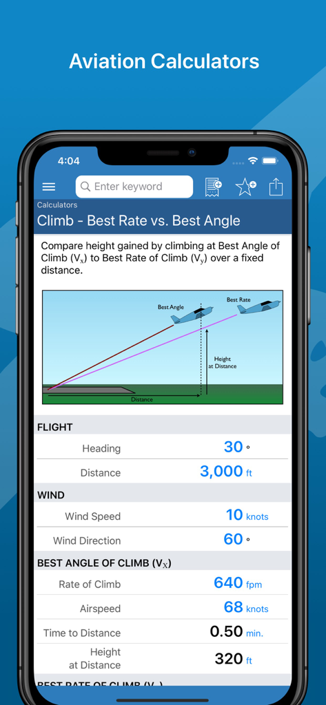 Tela de calculadora de aviação mostrando cálculos de desempenho de subida