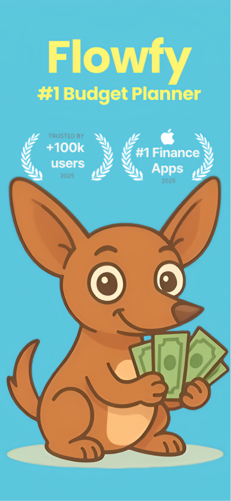 Pantalla de introducción de la aplicación planificadora de presupuestos Flowfy con un perro de dibujos animados sosteniendo dinero y distintivos de prueba social