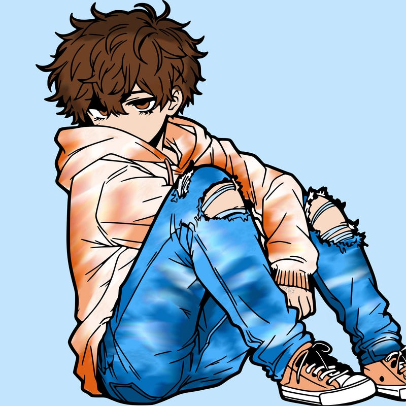 a male hoddie ripped jeans messy hair anime