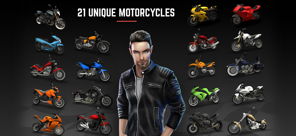 Racing Fever: Moto - A biker character surrounded by 21 unique motorcycle models in Racing Fever Moto