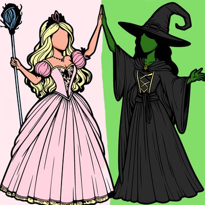 detailed realistic split of a princess and a witch