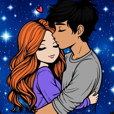 a realistic couple boy and girl hugging and kissing