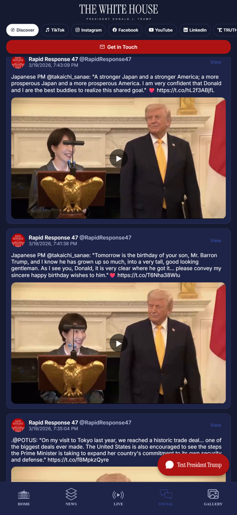 Social media section of The White House app showing news updates and presidential social media posts