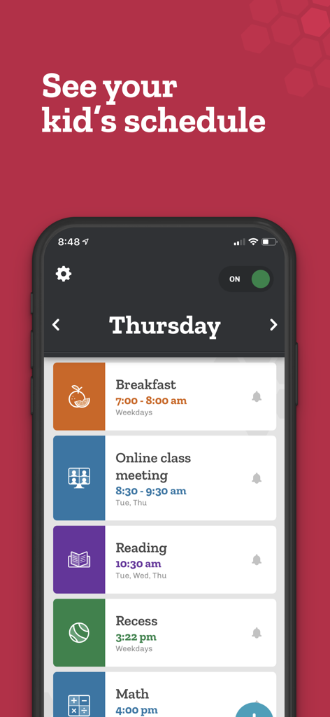 Bee Ready: Daily Reminders - Bee Readyアプリの木曜日の子供の毎日のルーティン・スケジュールを表示するスマートフォン。