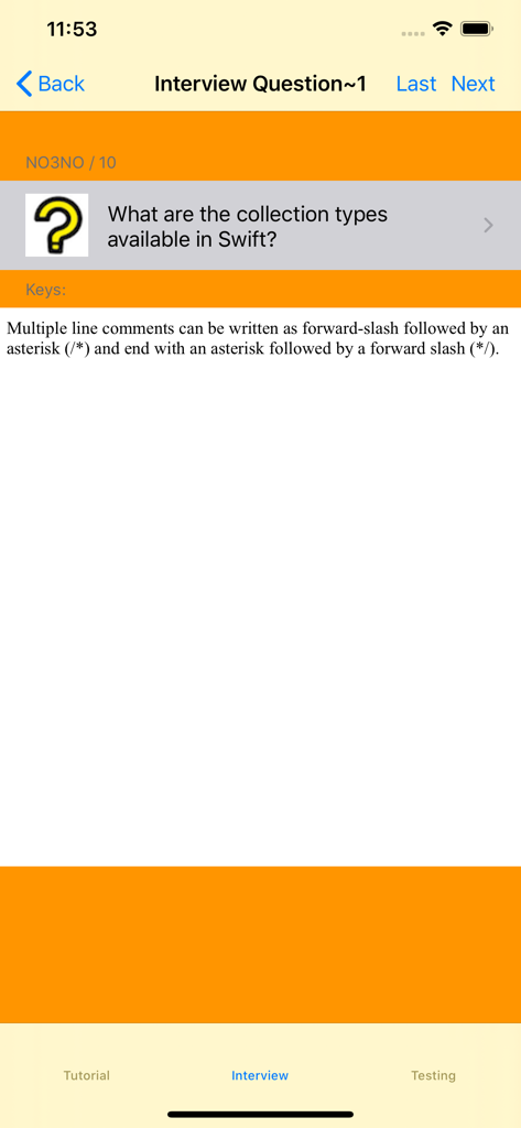 Una captura de pantalla de una pregunta de entrevista para desarrollador de iOS sobre tipos de colecciones de Swift en una aplicación de referencia.