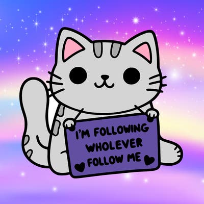 cat with a sign that says i’m following whoever follows me