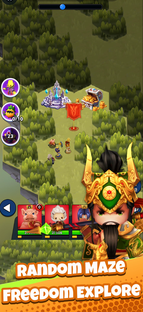 Heroes Assemble: Eternal Myths - Mobile game screenshot of Heroes Assemble showing a map for random maze exploration with heroes and treasure