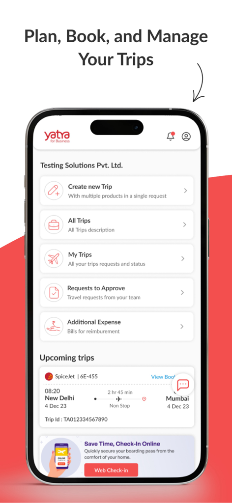 Yatra for Business - 出張管理オプションと今後のフライトを表示するYatra for Businessモバイルアプリのダッシュボード