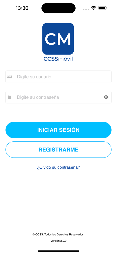 CCSSmóvil - Pantalla de inicio de sesión de la aplicación CCSSmovil con campos de nombre de usuario y contraseña en español