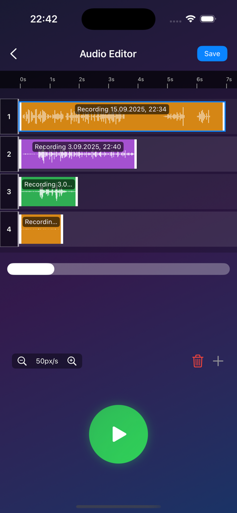 Multi-track audio editor screen with colored waveforms and a large green play button