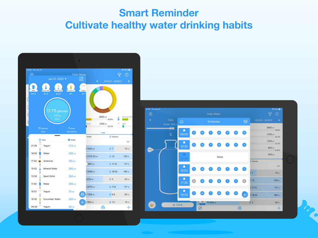 수분 섭취 진행률 차트와 스마트 음료 알림을 보여주는 iPad용 Daily Water Pro 앱 인터페이스