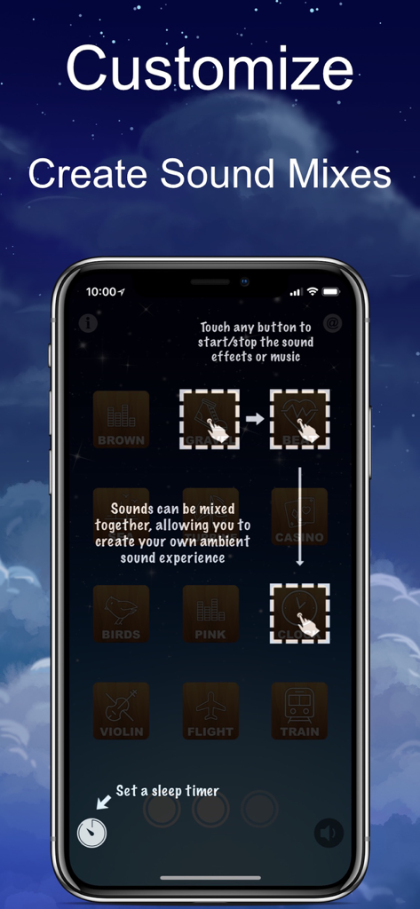 Sleep Sounds: Nature & Ambient - Interface for creating custom ambient sound mixes with a sleep timer in the Sleep Sounds app