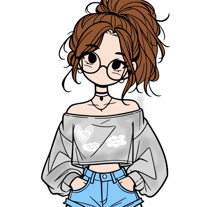 girl with a messy ponytail glasses a baggy crop top and jean shorts