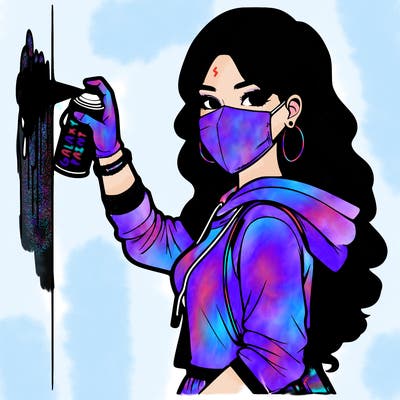 realistic girl with mask spray painting a wall