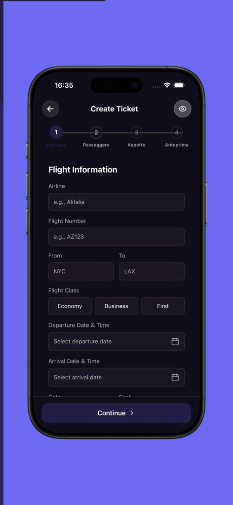 FunTicket - custom tickets - FunTicket app screen for entering flight information to design a custom ticket