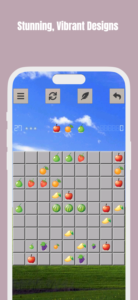 Gameplay screenshot of Line 98 featuring fruit pieces and a scenic nature background.